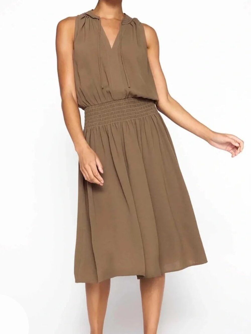 Brochu Walker Francine Cyprus Dress Womens Medium Sleeveless Smocked Waist Crepe